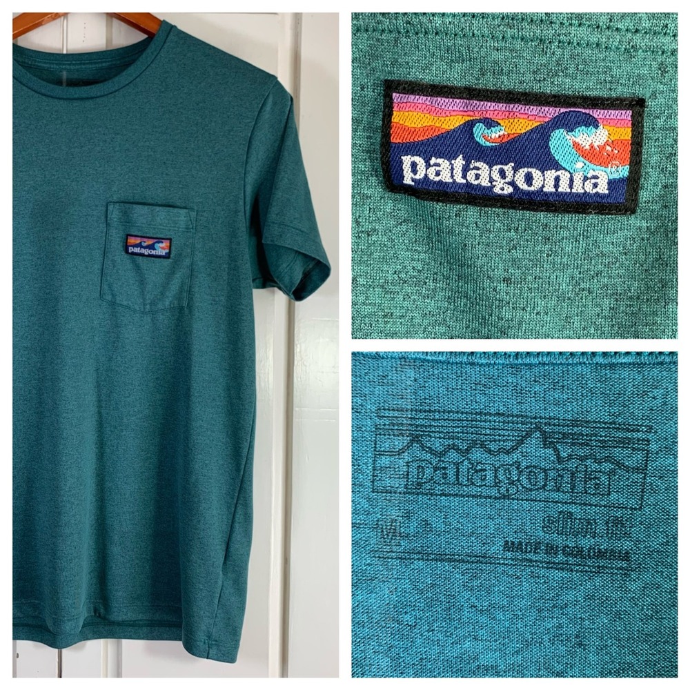 Patagonia Men's Short Sleeve Pocket Tee in Teal Green with Multicolor Logo